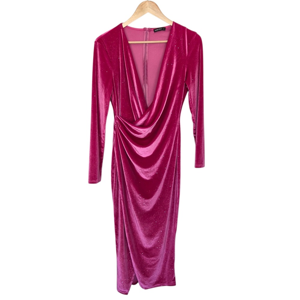 Double Crazy Pink Sparkle Velvet Midi Dress Y2K Glam Feminine Romantic Womens‎ L